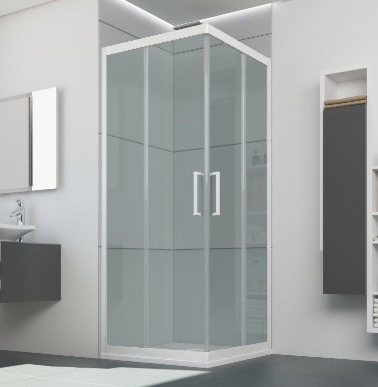 Box doccia Forte EVO con apertura scorrevole ad angolo con vetro in cristallo (6mm) e profilo in PVC bianco pastello