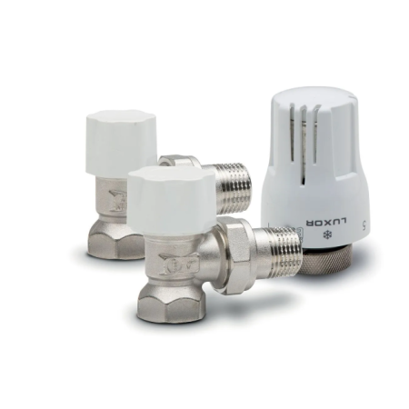 KIT VALVOLA + DETENTORE A SQUADRA + TESTA TERMOSTATICA ATTACCO FERRO LUXOR